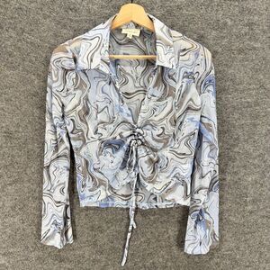 Meraki Blouse Women L Large Blue Tie Dye Collared Long Sleeve Tasseled Casual